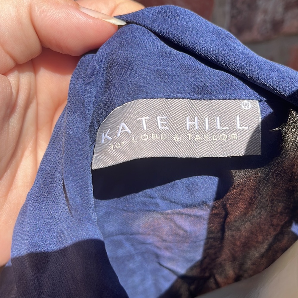 Kate Hill Silk Navy sheer polka dot button down top size14W - Picture 4 of 5
